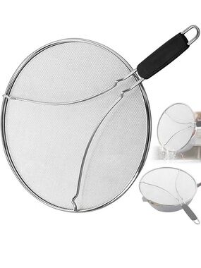 Stainless Steel Splatter Screen with Black Handle - Kitchen Oil Shield